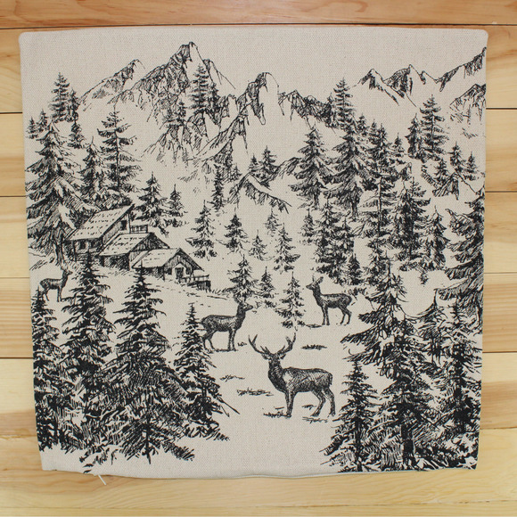 H&M Home Printed Pillow Cover 20x20 Winter Cabin Toile Deer Mountain Ski Snow - Picture 12 of 12